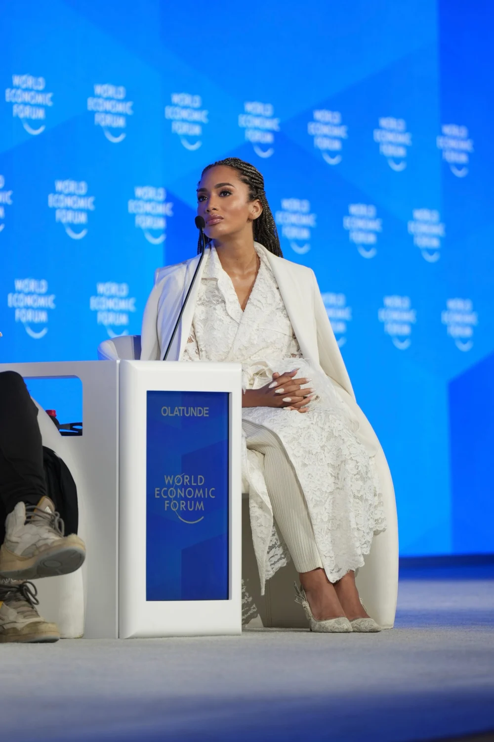 Temi Marcella Olatunde on stage at the opening plenary of the World Economic Forum Annual Meeting of Global Future Leaders in Dubai, 2026.