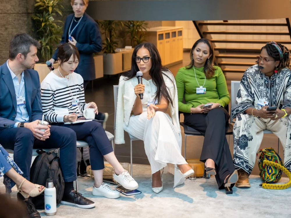 Temi Marcella Olatunde leading a discussion at the World Economic Forum Young Global Leaders Annual Summit in Geneva.